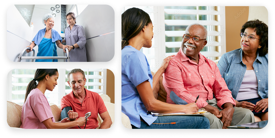 A healthcare worker discusses with an elderly man in a home setting.