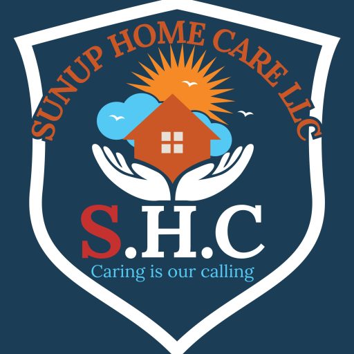 Logo for Sunup Home Care featuring hands, house, sun, and water.